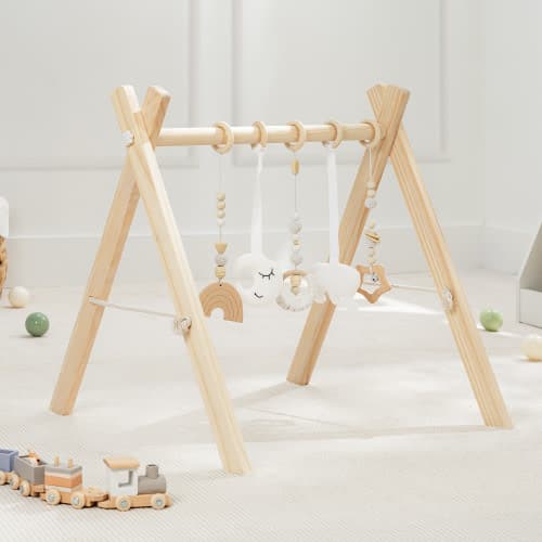 Wooden Baby Play Gym with 5 Sensory Hanging Toys - Natural Wood