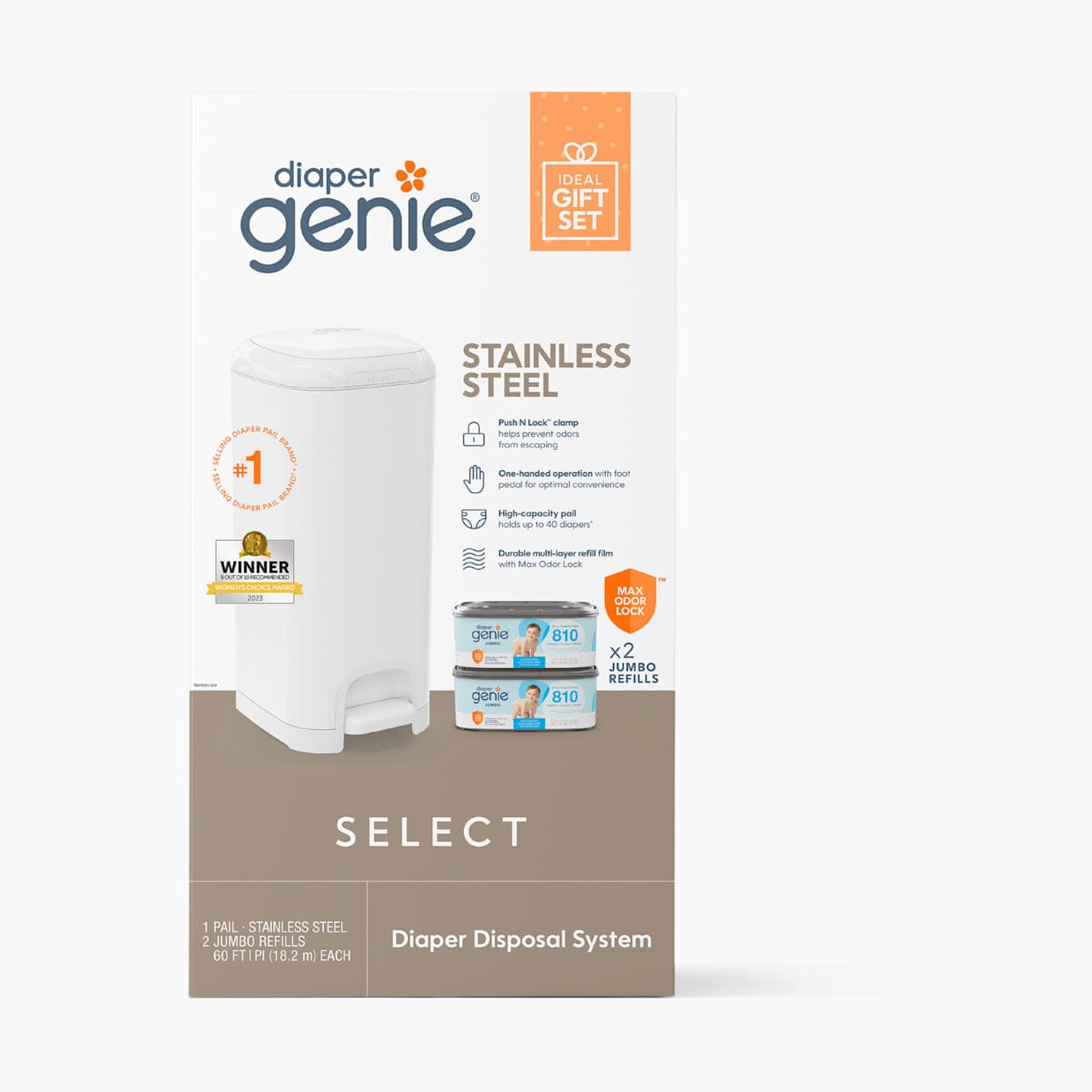 Diaper Stainless Steel Select Pail Gift Set with 2 Jumbo Refills