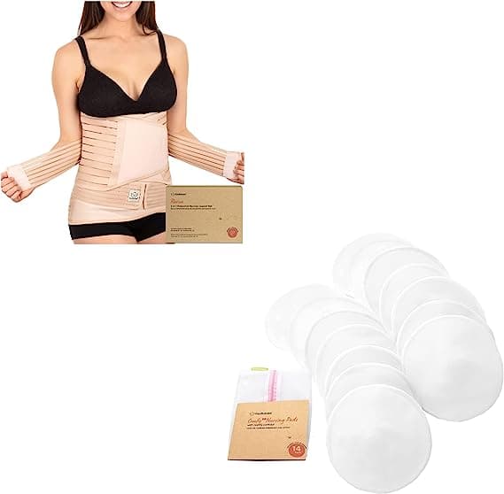 3 in 1 Postpartum Belly Support Recovery Wrap and Organic Bamboo 3-Layers Nursing Breast Pads