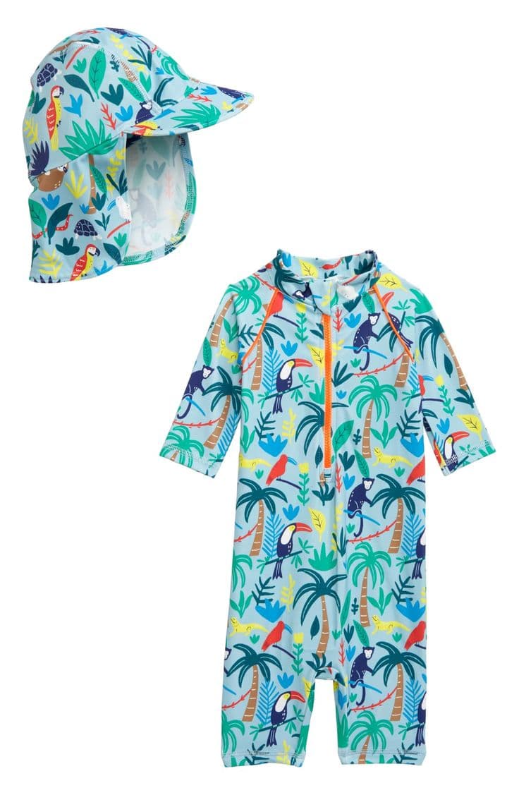 Boden Dinosaur Surf One-Piece Rashguard Swimsuit & Sun Hat Set