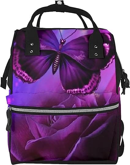 Purple Butterfly And Flower Print Diaper Bag Backpack