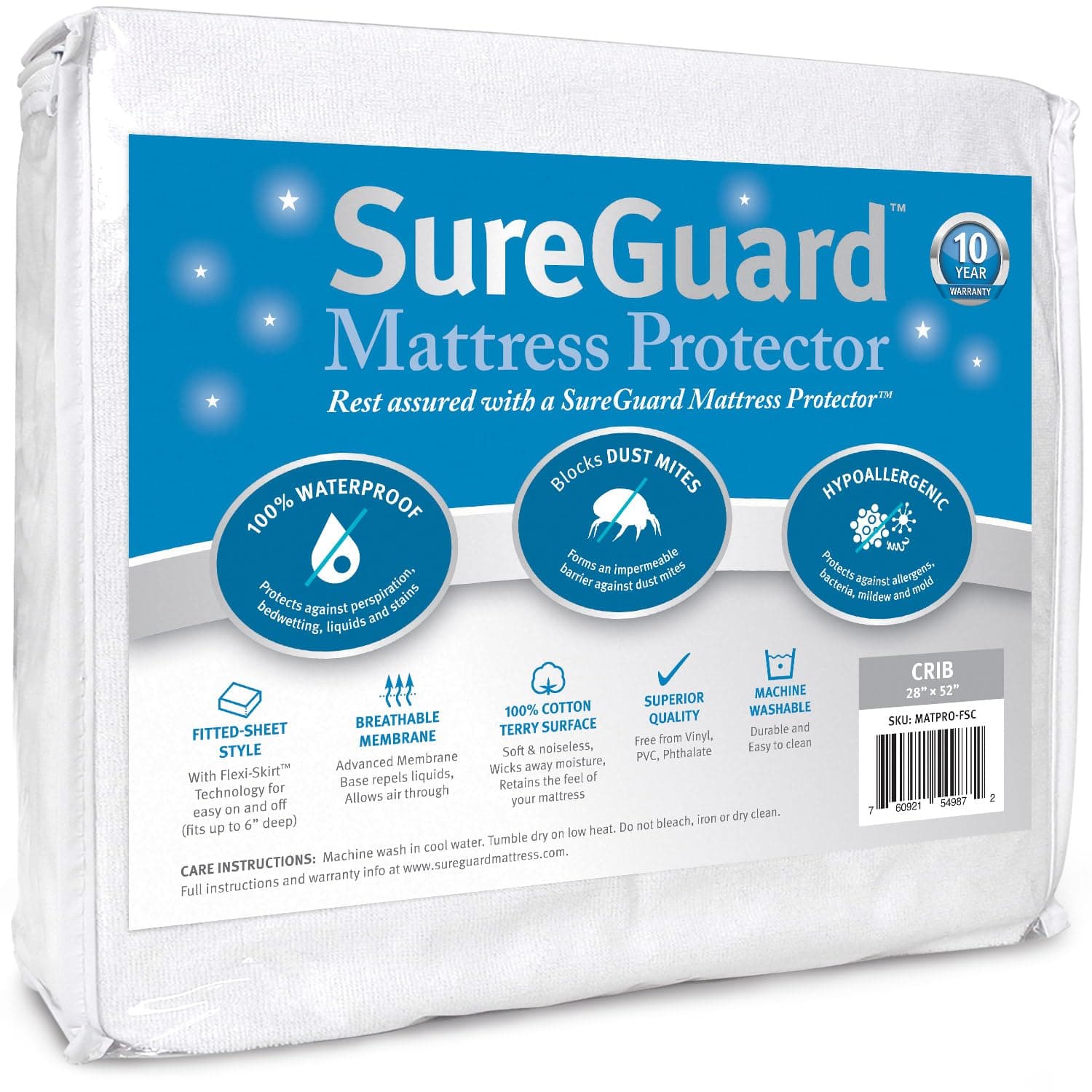 Mattress Protectors Crib Size 100% Waterproof Hypoallergenic Premium Fitted Cotton Terry Cover 10 Year Warranty