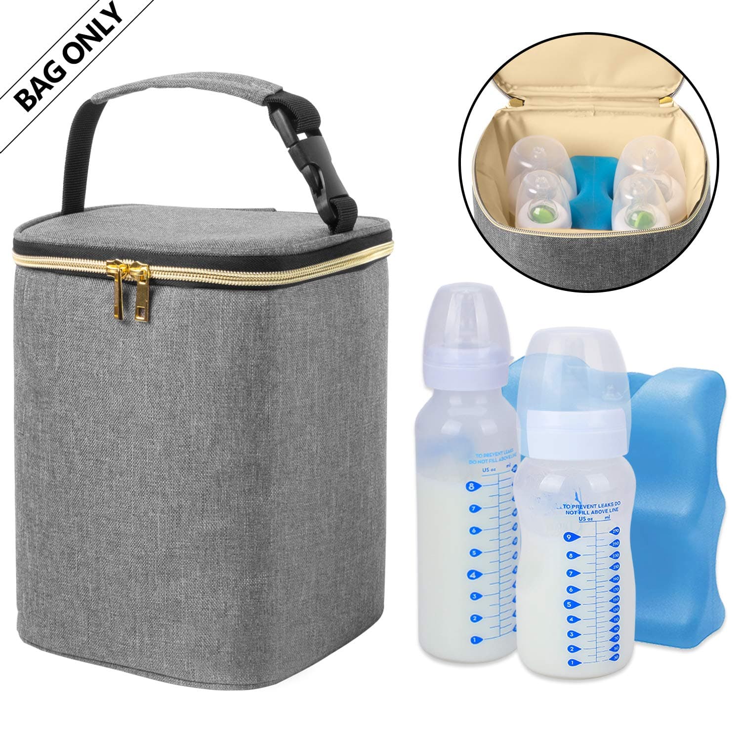 Breastmilk Cooler Bag Baby Bottles Bag for up to 4 Large 9 Ounce Bottles and Ice Pack Perfect for Nursing Mom Back to Work Bag Only Gray