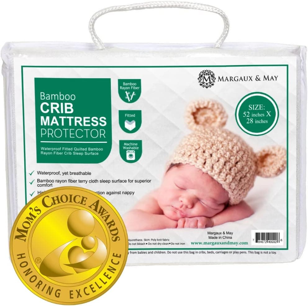 Soft Crib Mattress Protector Pad by Margaux & May Waterproof Noiseless Dryer Friendly Deluxe Bamboo Rayon Fitted Quilted Stain Protection Baby Cover (Standard Size 52\' x 28